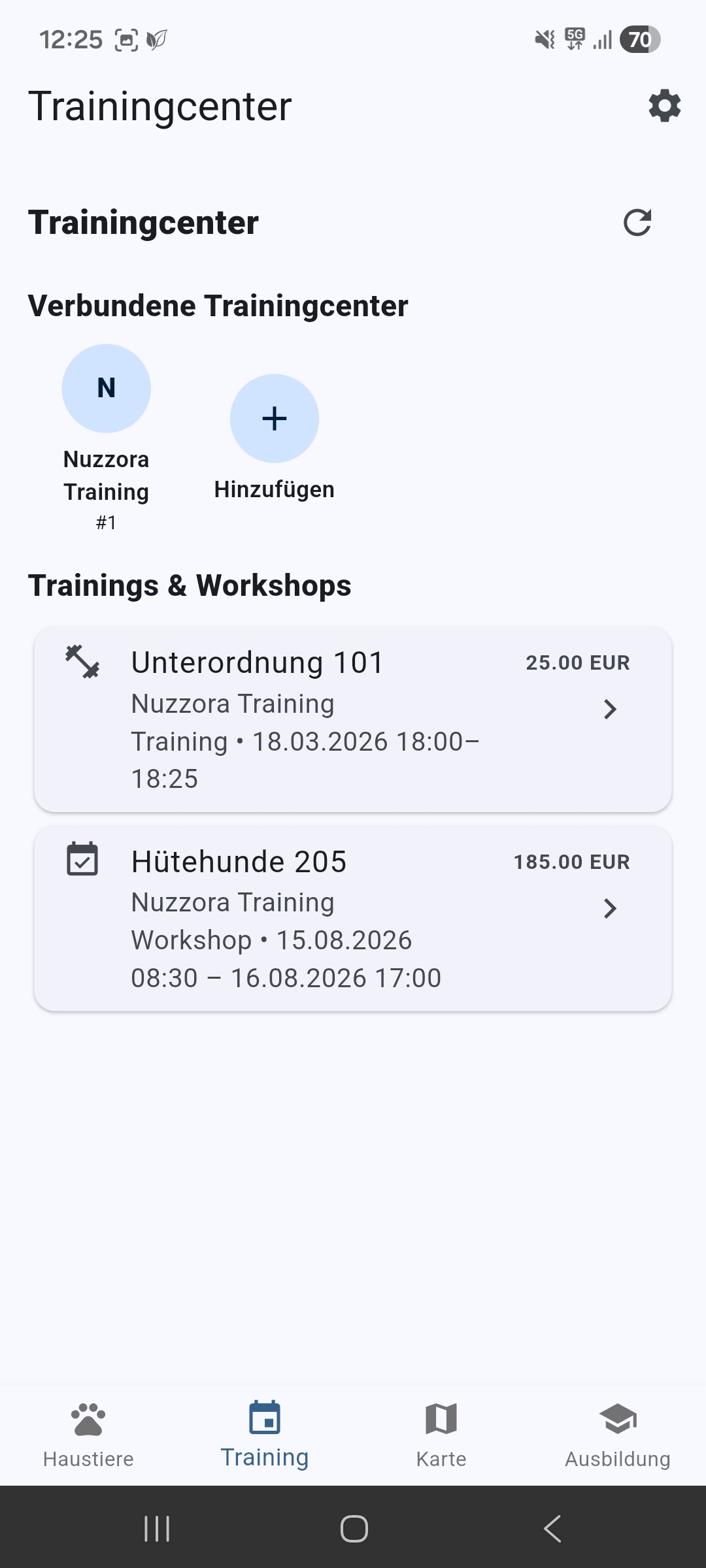 Trainingsansicht für Nutzer in der Nuzzora App